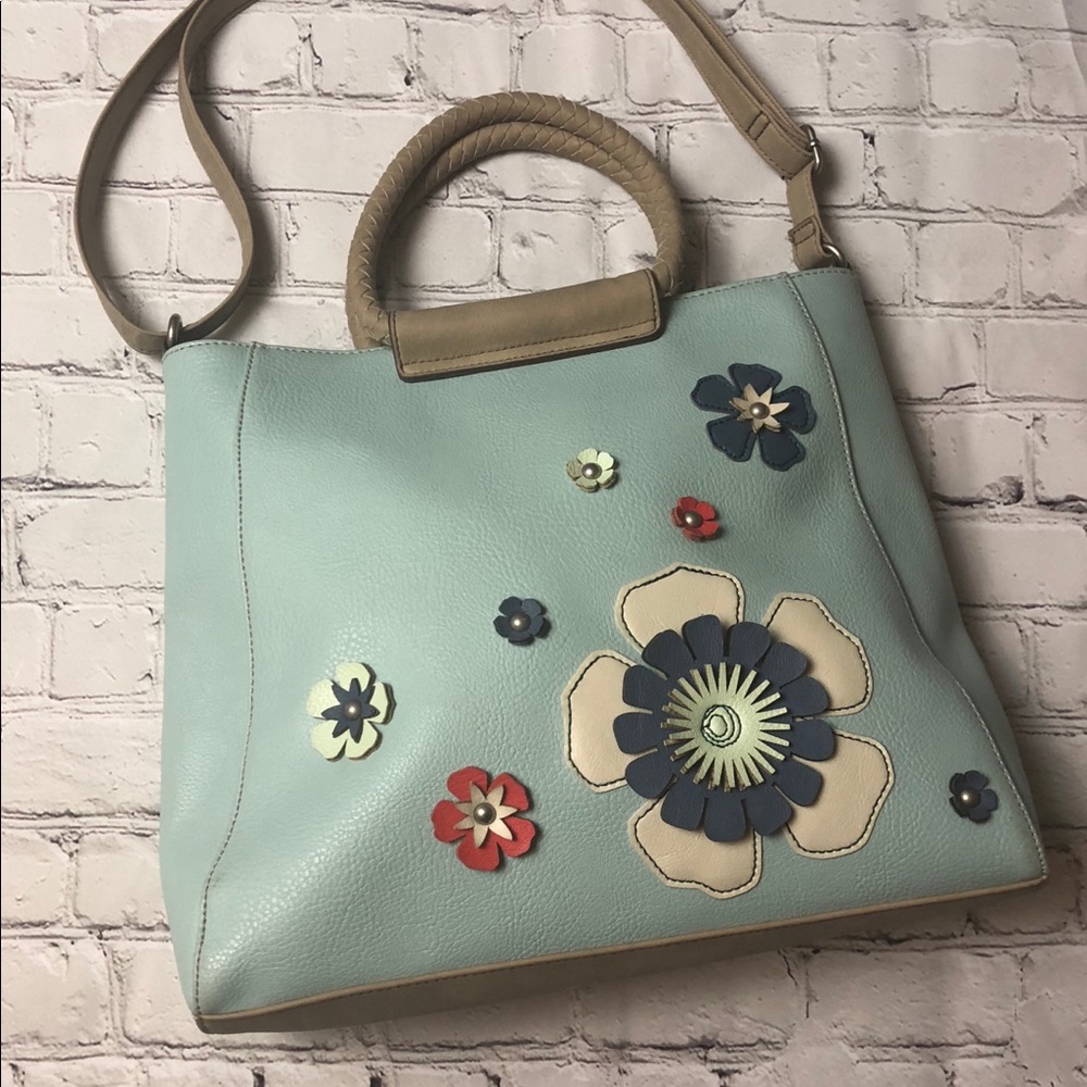 Floral Relic bag, blue leather w/leather flowers